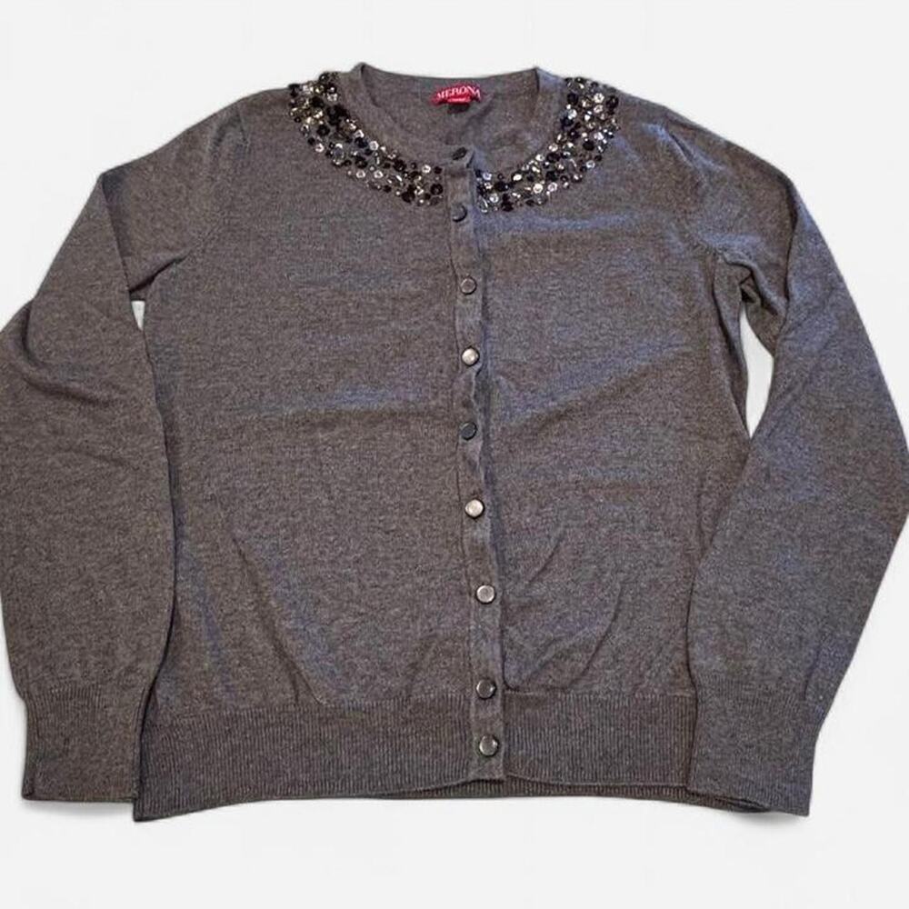 Merona Grey Beaded Collar Button-Up Cardigan Sweater – Medium (M)